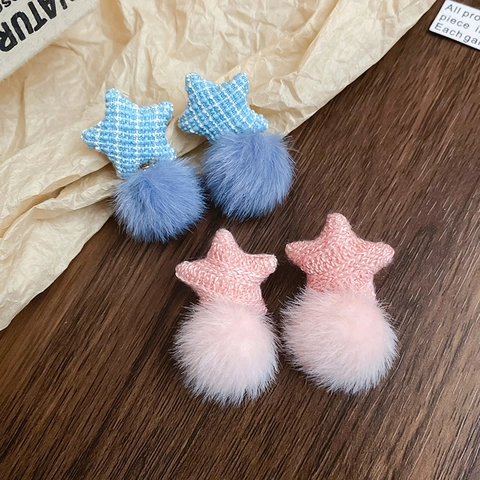 Pendientes De Estrella Con Bola De Peluche Tweed Tela Aleación Con Poste De Plata Esterlina 925 Dulce Otoño Invierno Mujeres