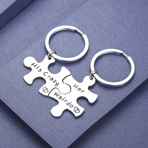 His Crazy Her Weirdo Ensemble Porte-clés Couple Métal Acier Inoxydable Puzzle Cœur Porte-clés Assortis Cadeau Pour Saint Valentin Mariage