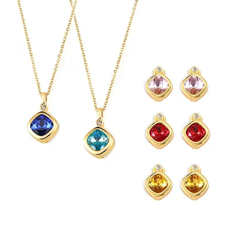 Vintage Copper Zirconia Jewelry For Women Chic Gold Plated Square Cushion Cut Stone Necklace Or Stud Earrings Fashion Accessories