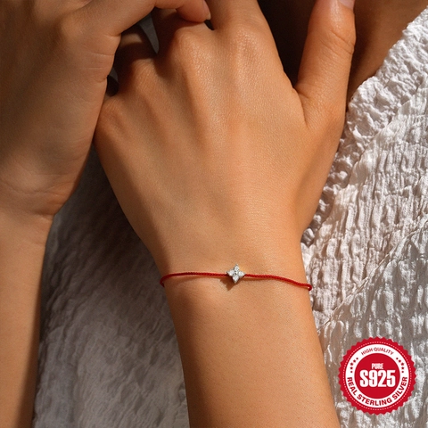 Bracelet Corde Rouge En Argent Sterling 925 Pour Femmes Fleur Minimaliste Zircone Bijoux Ajustables Chanceux