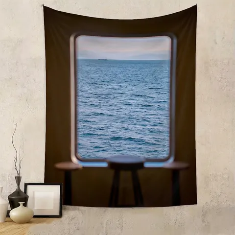 Tapiz Ventana Vista Al Mar Poliéster Decoración De Pared Dormitorio Moderno Paisaje Estético Hogar
