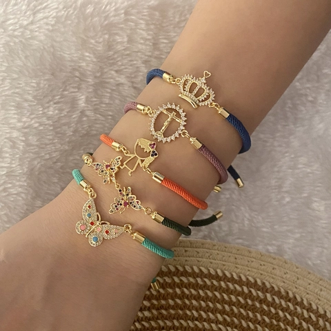 Bracciale In Corda Intrecciata Regolabile Farfalla Croce Micro Pavé Rame Placcato Oro Nastro Di Raso Ciondolo Per Donna