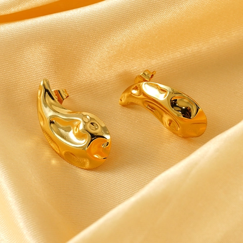 Wassertropfen Ohrstecker 18K Vergoldeter Edelstahl Gehämmert Unregelmäßig Geschmolzenes Metall Design Trendy Für Damen
