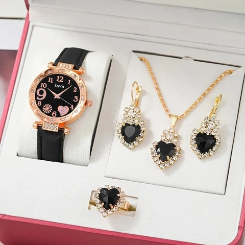Women Fashion Quartz Watch Jewelry With Rhinestone Alloy Bracelet Necklace Earring Ring For Elegant Ladies Casual Daily