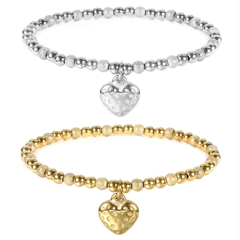 Stainless Steel Heart Pendant Elastic Bracelet Waterproof Frosted And Polished Beads Vintage Jewelry For Women Men