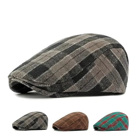Vintage Plaid Flat Cap Cotton British Retro Adjustable Ivy Hat For Men And Women Classic Checkered Newsboy Style