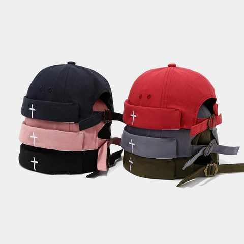 Berretto Docker Vintage Cappello Senza Tesa Cotone Miki Con Ricamo Croce Fibbia In Metallo Regolabile