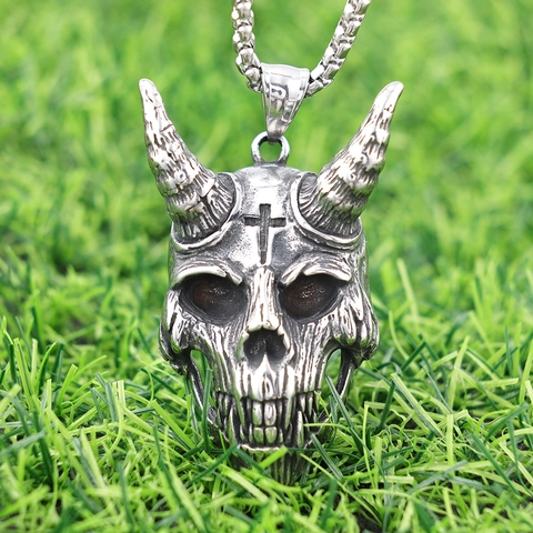 Collana Con Pendente Teschio Di Capra In Acciaio Inossidabile 316L Gothic Punk Corna Di Diavolo Croce Biker Rock Gioielli Uomo