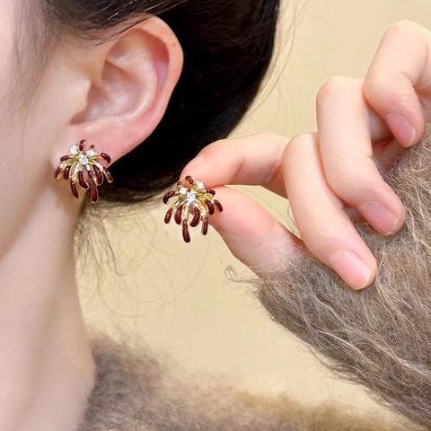 Fireworks Flower Stud Earrings Red Enamel Zircon 18K Gold Plated Alloy With Silver Earring Post Elegant For Women