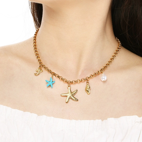 Oceaan Thema Hanger Ketting Roestvrij Staal Schelp Zeester Zeemeermin Staart Zomer Strand Vakantie Sieraden Voor Vrouwen