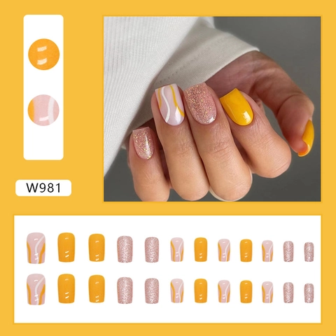 Press On Nails Vibrant Orange Striped Pink Glitter Square Medium Artificial Fake Nails For Women