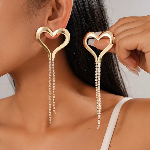 Hollow Heart Drop Earrings Alloy Rhinestone Long Tassel With 925 Sterling Silver Earring Post Statement Jewelry Women