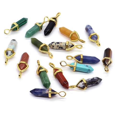 Hexagonal Pillar Crystal Pendant Necklace Natural Gemstone Point Bullet Shape Golden Cap Fashion Jewelry For Women
