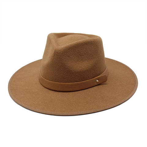 Wide Brim Fedora Hat Cotton Polyester Felt Jazz Style Leather Band Gold Rivet Vintage British Unisex