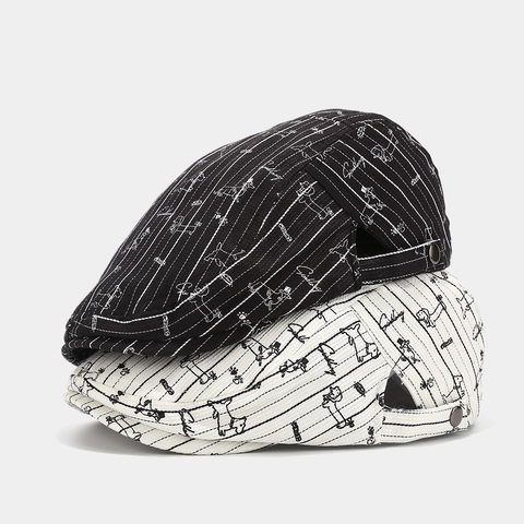 Coppola Retrò In Cotone A Righe Con Simpatico Motivo A Bassotto Fibbia In Metallo Regolabile Unisex Ivy Hat Casual