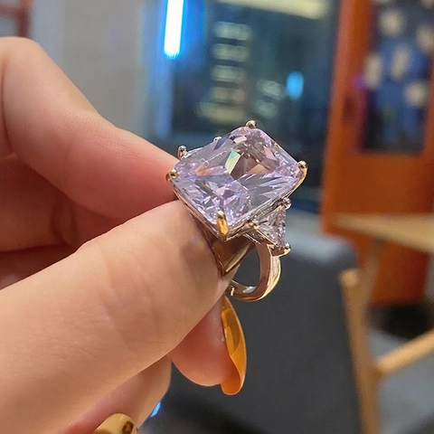 Elegant Women Ring Rectangular Lavender Stone Triangle Side Zircon Silver Plated Adjustable Fashion Jewelry