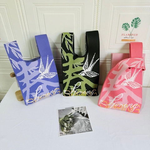 Polyester Knitted Tote Bag Aesthetic Floral Animal Patterns Portable Versatile Handbags For Women Streetwear