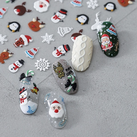 Pegatinas De Uñas De Navidad 5D Relieve 3D Autoadhesivas Papá Noel Reno Copos De Nieve Calcomanías Para Manicura DIY