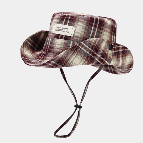 Retro Plaid Cotton Bucket Hat Wide Brim Sunscreen Windproof Adjustable Drawstring Japanese Style Casual Sun Hat Women