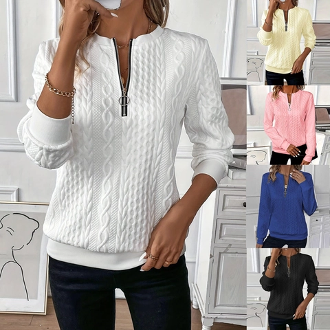 Women Quarter Zip Sweatshirt Cable Knit Texture Long Sleeve Loose Fit Casual Pullover Top Polyester Spandex