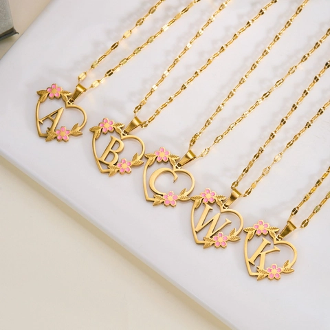 Collier Pendentif Lettre Coeur Acier Inoxydable Fleur Rose Émail Bijoux Romantiques Cadeau Pour Femmes Filles