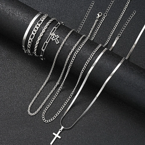 Collana E Bracciale Con Ciondolo A Croce Gioielli Multistrato Lega Tono Argento Hip Hop Punk Minimalista Accessori Unisex