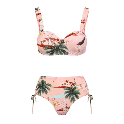 Bikini Badeanzug Und Sarong Mit Tropischem Kokospalmendruck Hohe Taille Strandurlaub Bademode Für Damen