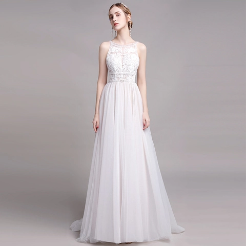 Robe De Mariée Dos Nu Style Français Broderie Dentelle Mesh Tulle Ligne A Longueur Sol Sans Manches Blanc