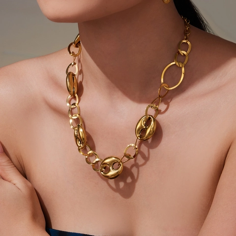 Collana A Catena Grossa Con Maglie A Chicco Di Caffè E Naso Di Maiale Per Donna Gioielli In Acciaio Inossidabile Oro