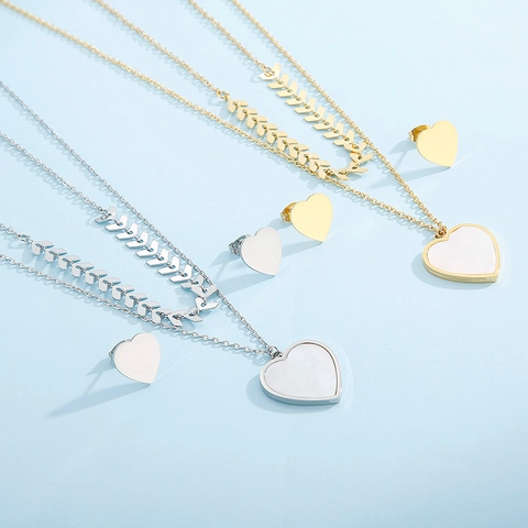 Joyas De Corazón Collar Y Pendientes Doble Capa Acero Inoxidable Cadena De Trigo Con Concha Blanca Para Mujeres