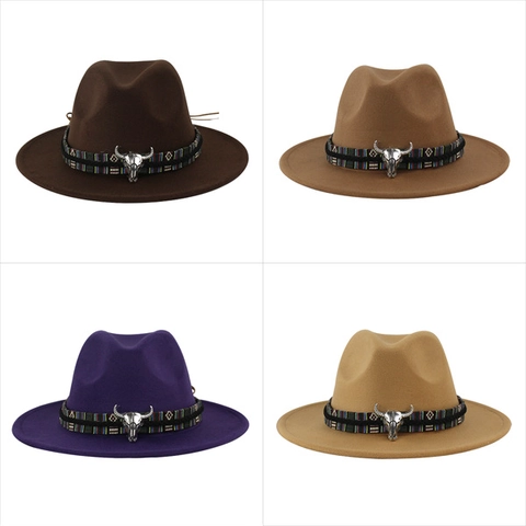 Chapeau Fedora en Feutre de Laine Style Ethnique Avec Accessoire en Métal Tête de Taureau Argent Bord Large pour Hommes Femmes