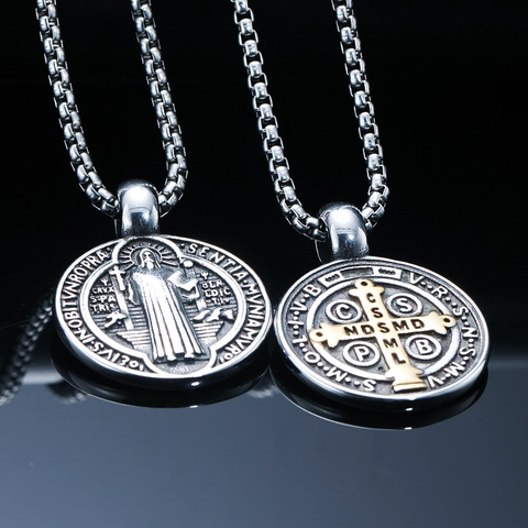 Sint Benedictus Medaille Hanger Ketting Roestvrij Staal Rond Dubbelzijdig Religieus Exorcisme Kruis Vintage Sieraden Unisex