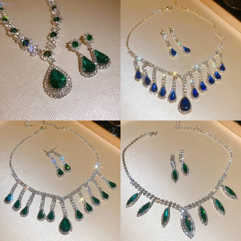 Luxury Rhinestone Necklace And Earring Jewelry Wedding Party Banquet Vintage Elegant Alloy Water Drop Pendant