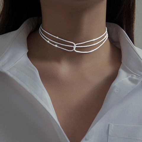 Collier Chaîne en Cuivre Multicouche Minimaliste pour Femmes Choker à Maillons Torsadés Scintillants Et Bracelet Bijoux Or Argent