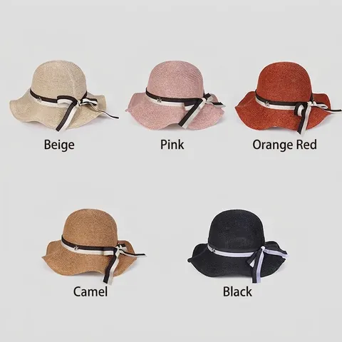 Women Sun Hat Breathable Elegant Wavy Brim Straw Weave Style Dome Cap With Bow Ribbon Metal Flower Charm Summer Beach