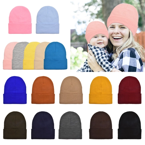 Berretto in Maglia Tinta Unita Genitore-Figlio per Bambini e Adulti Autunno Inverno Caldo Cappello in Acrilico a Costine