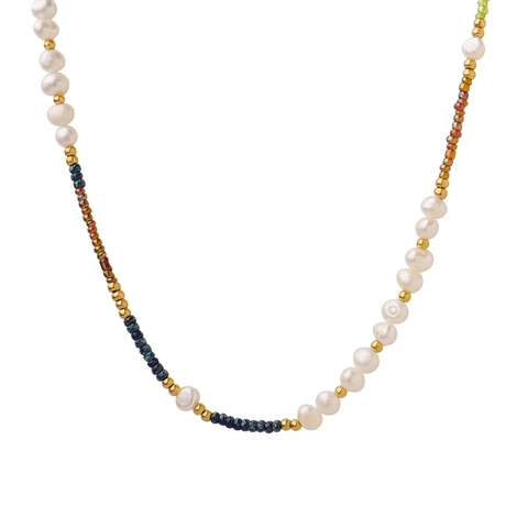 Bohemian Freshwater Pearl Beaded Necklace For Women Titanium Steel 18K Gold Plated Glass Beads Handmade Jewelry Aesthetic Vintage