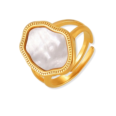 French Vintage Geometric Irregular White Shell Open Ring Titanium Steel 18K Gold Plated Adjustable Finger Ring For Women