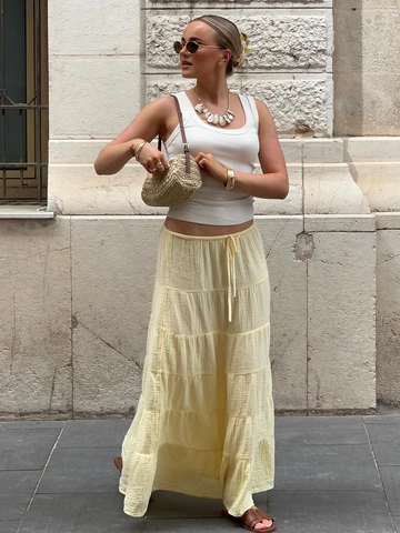Women Cotton Crinkle Muslin Gauze Tiered Maxi Skirt High Elastic Waist Drawstring Flowy Summer Beach Vacation Boho Leisure