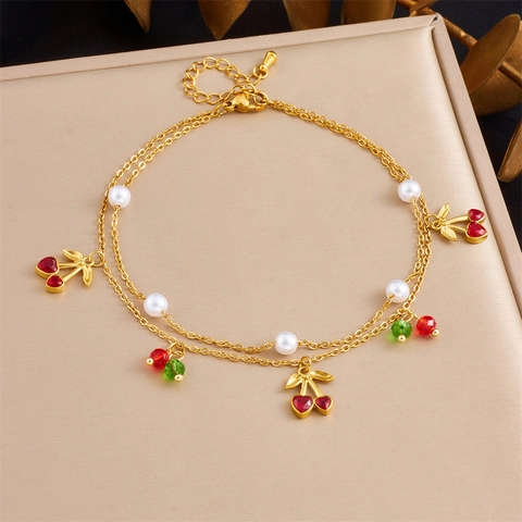 Mehrlagiges Kirsch Fußkettchen Edelstahl Vergoldet Künstliche Perle Frucht Anhänger Fußschmuck Für Damen Süßer Sommer Stil