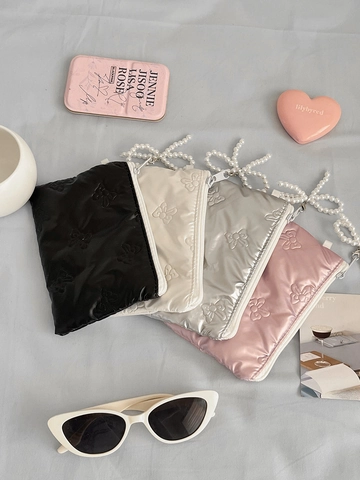 Quilted Bowknot Coin Purse PU Leather Small Storage Pouch With Artificial Pearl Bead Chain Portable Earphone Bag Fashionable Women Girls