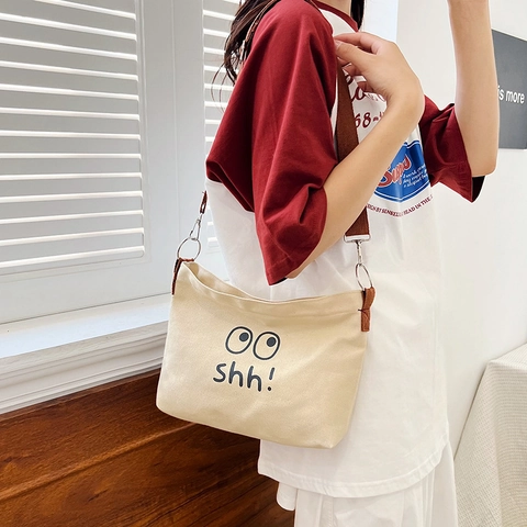 Γυναικεία Τσάντα Ώμου Από Καμβά Με Εκτύπωση Μεγάλα Μάτια Shh Happy Face Τσάντα Χιαστί Casual Ρυθμιζόμενο Λουρί Κορεάτικο Στυλ