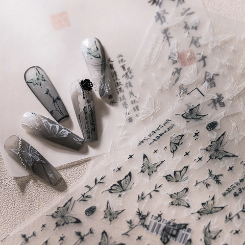 Chinese Style Ink Wash Butterfly Bamboo Calligraphy 3D Embossed Nail Art Stickers Self Adhesive Ultra Thin Decals Manicure