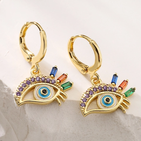 Evil Eye Creolen Für Damen 18K Vergoldetes Kupfer Bunter Zirkon Emaille Glücksschutz Retro Schmuck