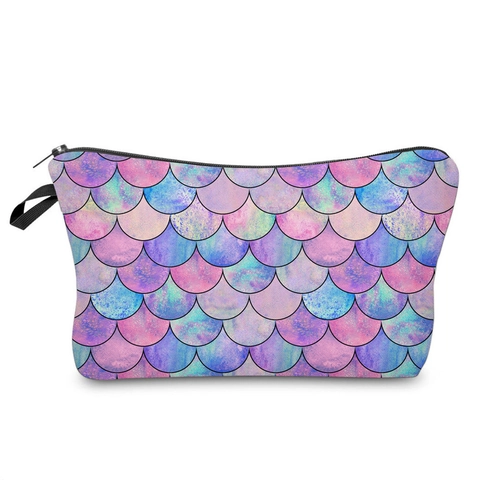 Mermaid Fish Scale Print Makeup Bag Polyester Sponge Lining Zippered Portable Cosmetic Pouch Travel Toiletry Organizer