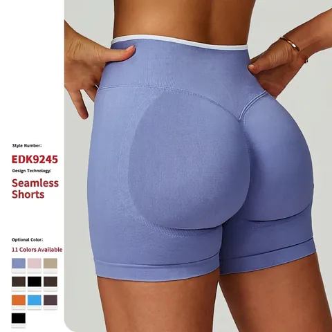 High Waist Nahtlose Yoga Shorts Rippenstrick Scrunch Butt Lifting Kontrastbindung Gym Laufen Sport Fitness