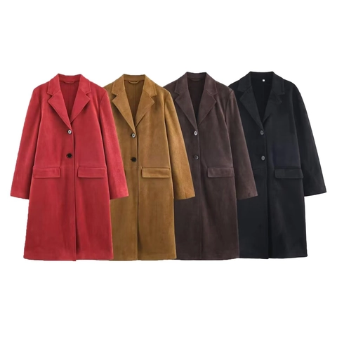 Trench-coat Décontracté en Suédine pour Femmes Mi-Long Col Tailleur Boutonnage Simple Couleur Unie Avec Poches Manteau Rétro