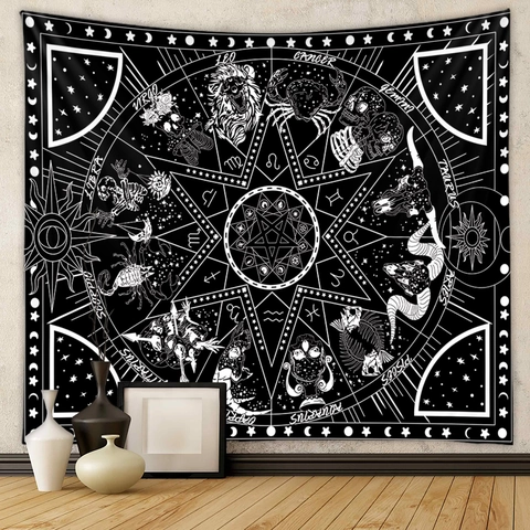 Sun Moon Star Zodiac Tapestry Wall Hanging Black And White Polyester Mystical Astrological Aesthetic Bohemian Room Decor