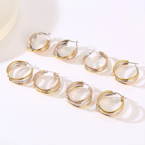 Stainless Steel Interlocking Hoop Earrings Tri-Color Textured Oval Geometric Latch Back High Polish Jewelry For Women