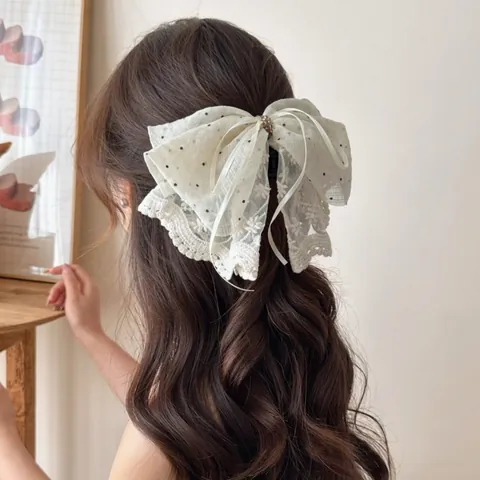 Grande Pince À Cheveux Noeud Dentelle Maille Pois Broderie Élégant Doux Style Coréen Accessoire Cheveux Pour Femmes